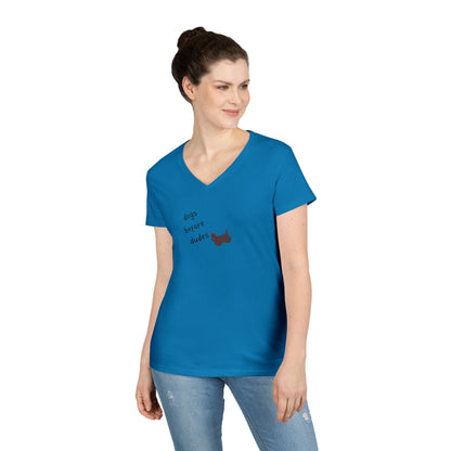 Ladies V-Neck Tee — 'Dogs Before Dudes'