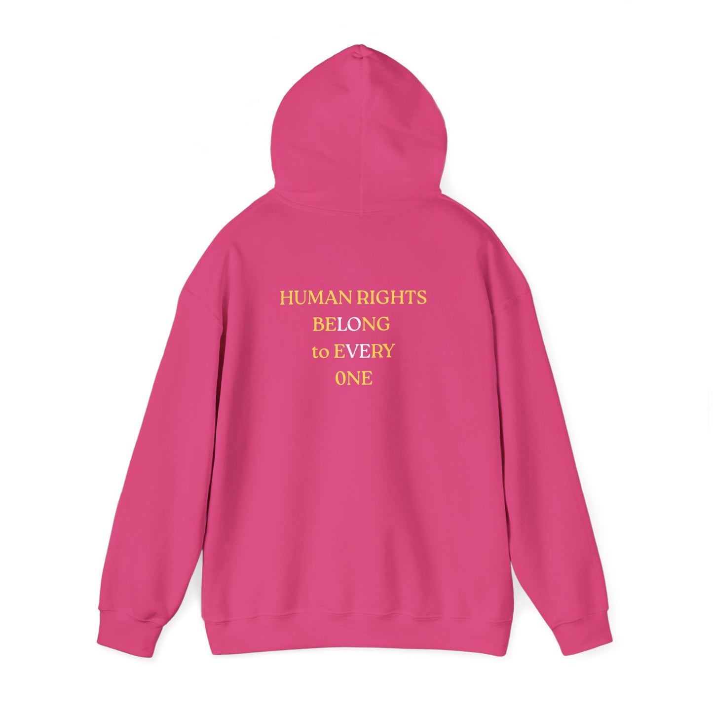 UNISEX HOODIE -  Yellow Heart & 'Human Rights Belong to Everyone' Back & Front Design