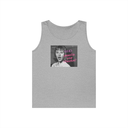 "Who Pissed in your Cheerios?" Retro Photo Graphic Tank