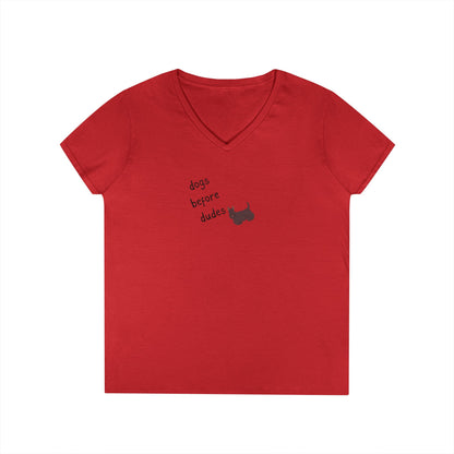 Ladies V-Neck Tee — 'Dogs Before Dudes'