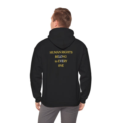 UNISEX HOODIE -  Yellow Heart & 'Human Rights Belong to Everyone' Back & Front Design