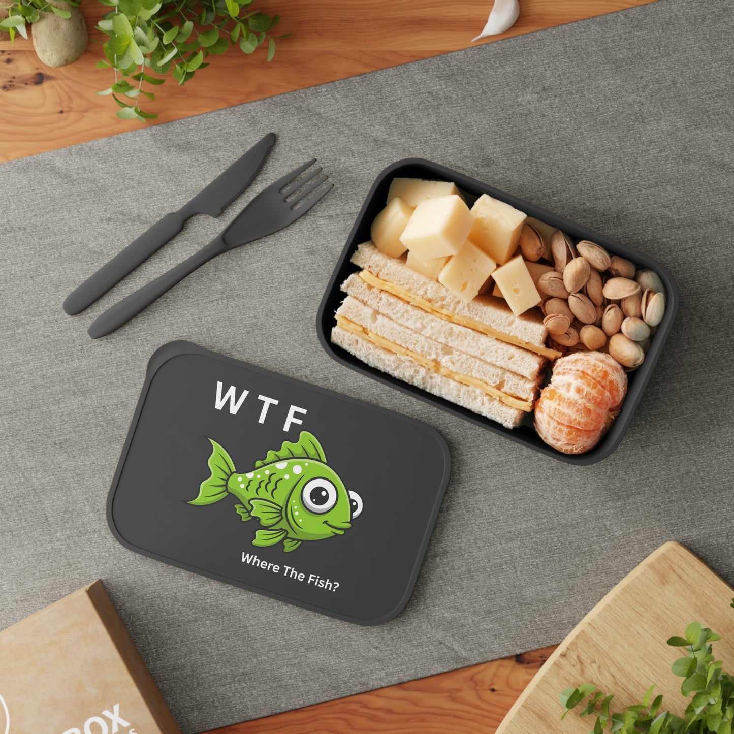 PLA Bento Box — 'WTF Where The Fish?' Lunch Container with Utensils