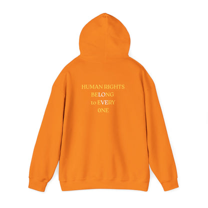 UNISEX HOODIE -  Yellow Heart & 'Human Rights Belong to Everyone' Back & Front Design