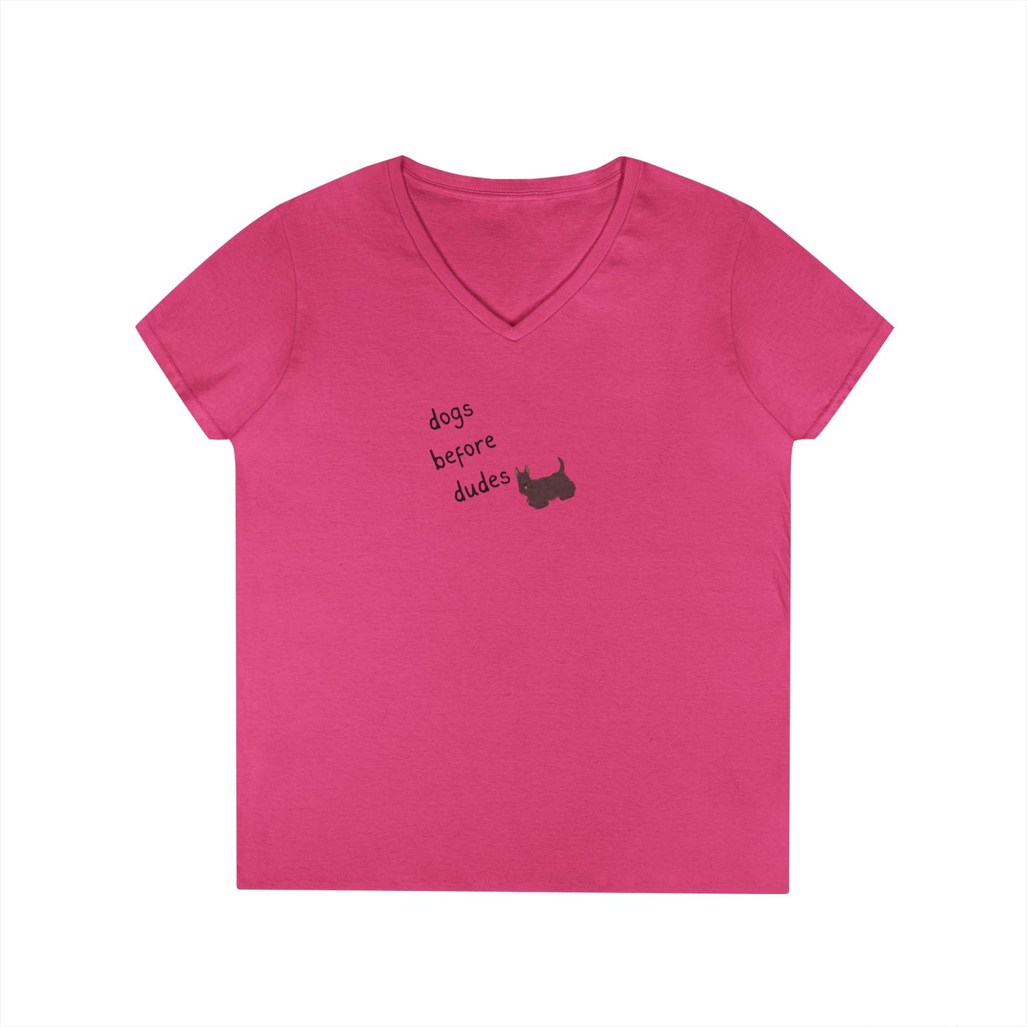 Ladies V-Neck Tee — 'Dogs Before Dudes'