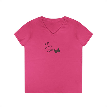 Ladies V-Neck Tee — 'Dogs Before Dudes'