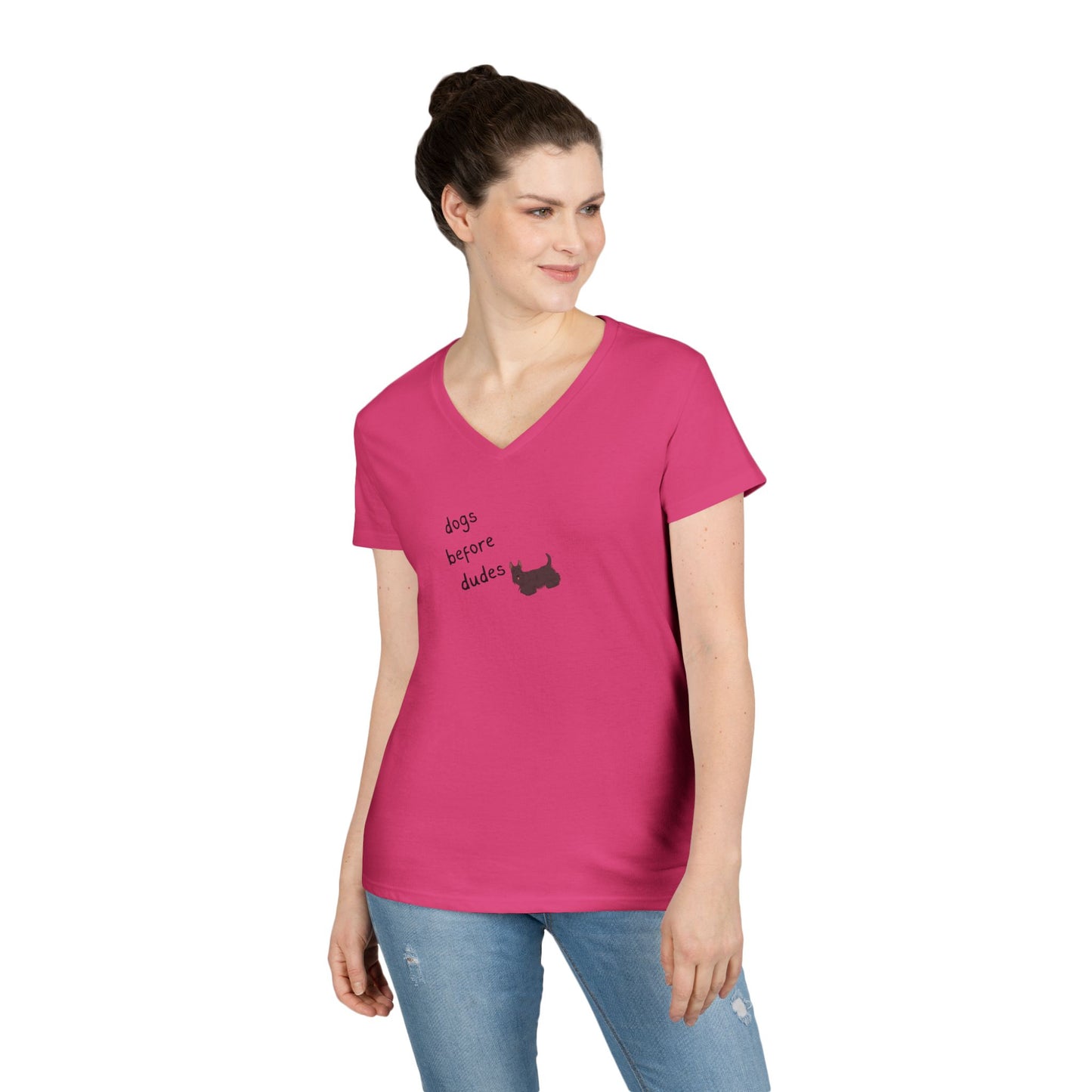 Ladies V-Neck Tee — 'Dogs Before Dudes'