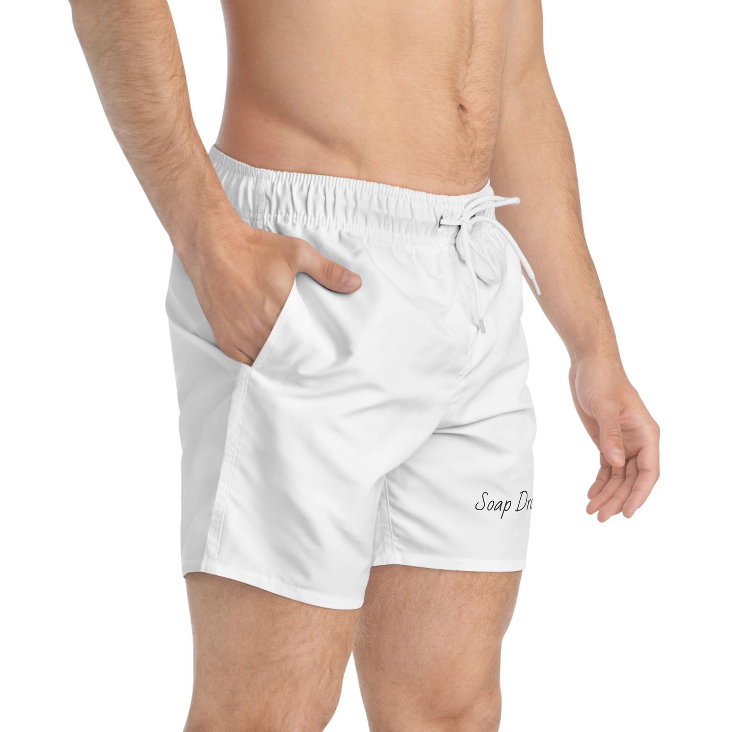 Swim Trunks — White "Soap Dropper" Minimalist Beach Shorts