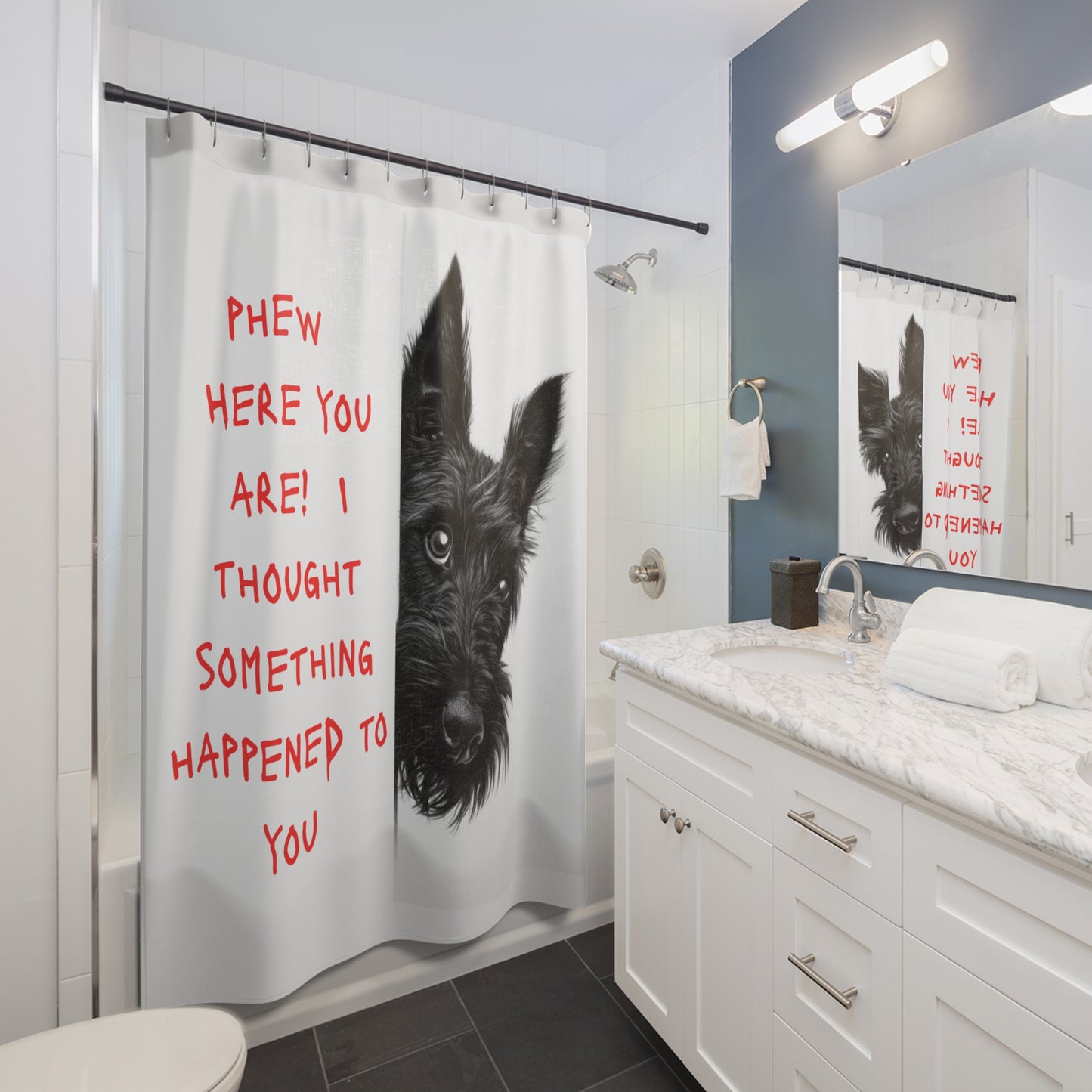 Scottish Terrier Shower Curtain – "Phew Here You Are! I Thought... "