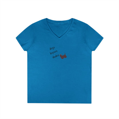 Ladies V-Neck Tee — 'Dogs Before Dudes'