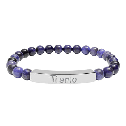 Engraved Natural Stone Stretch Bar Bracelet —  Ti amo (I love You in Italian)