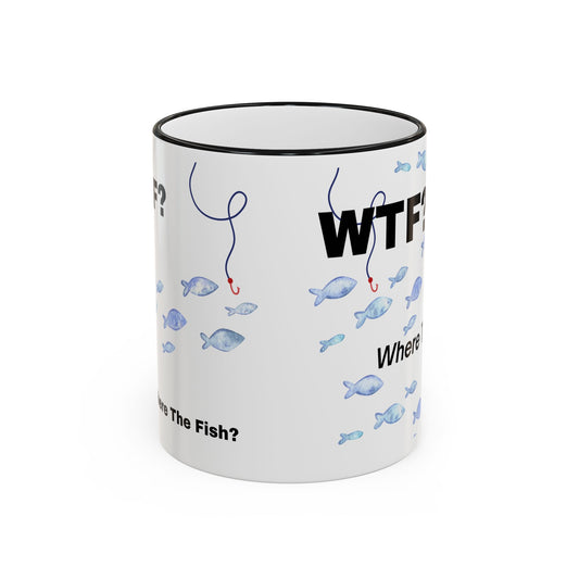 WTFishtank Mug — Funny Fishing Pun Accent Rim & Handle Coffee Cup