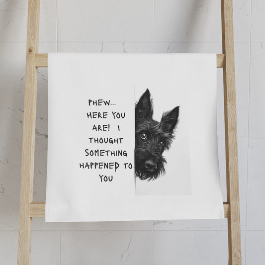 Scottish Terrier Hand Towel — "Phew... Here You Are!"      16 in x 28 in.