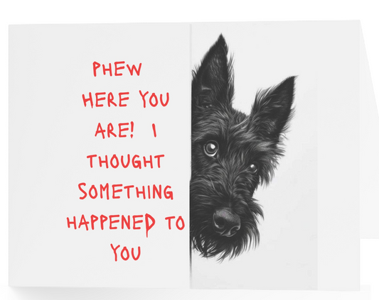 GREETING CARDS 10-PACK- Scottish Terrier "Phew Here You Are"      Blank (3.5 in X 4.9 in)
