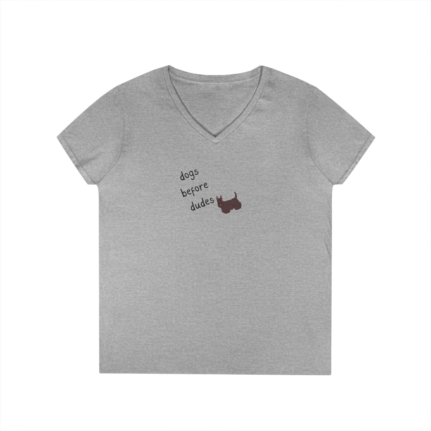 Ladies V-Neck Tee — 'Dogs Before Dudes'
