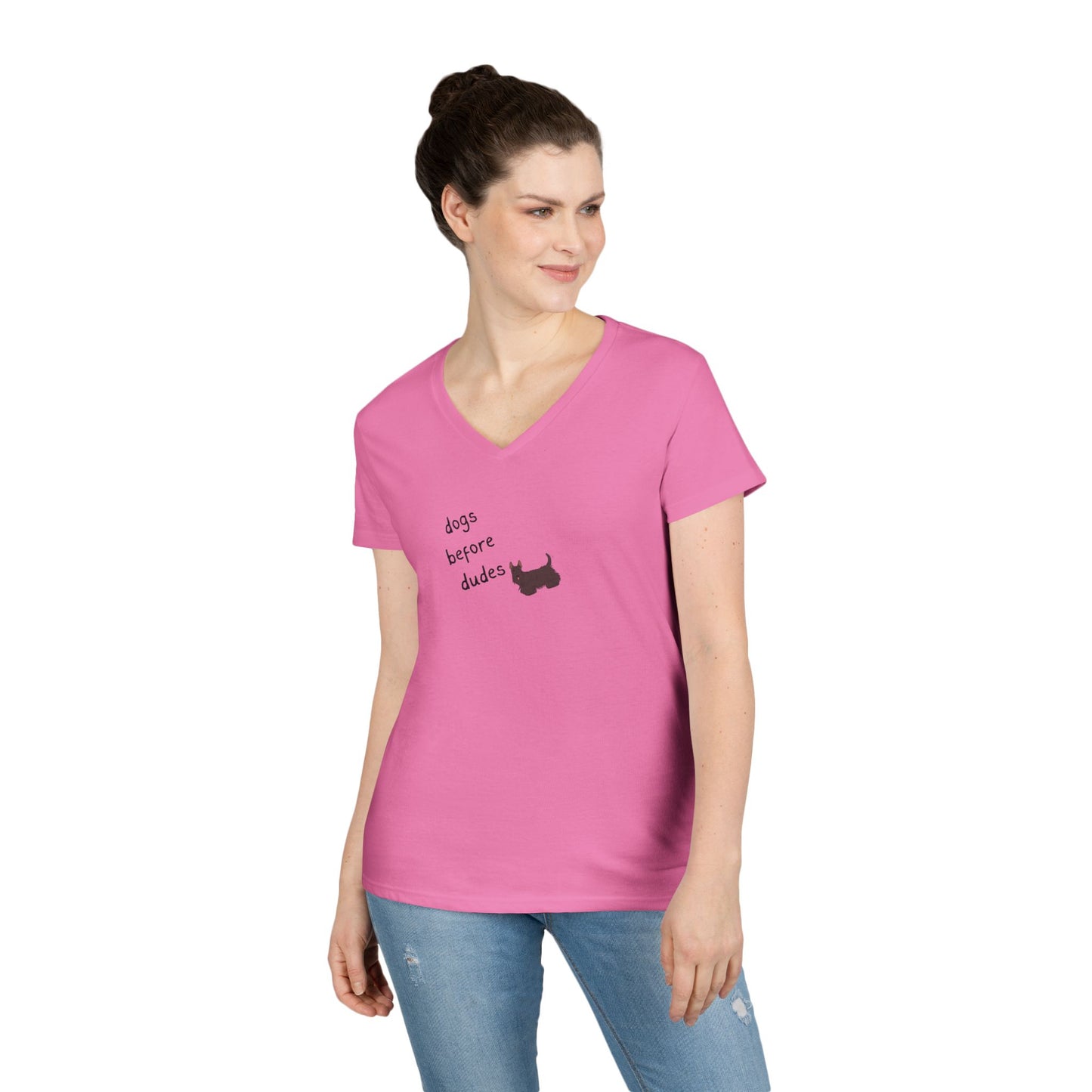 Ladies V-Neck Tee — 'Dogs Before Dudes'