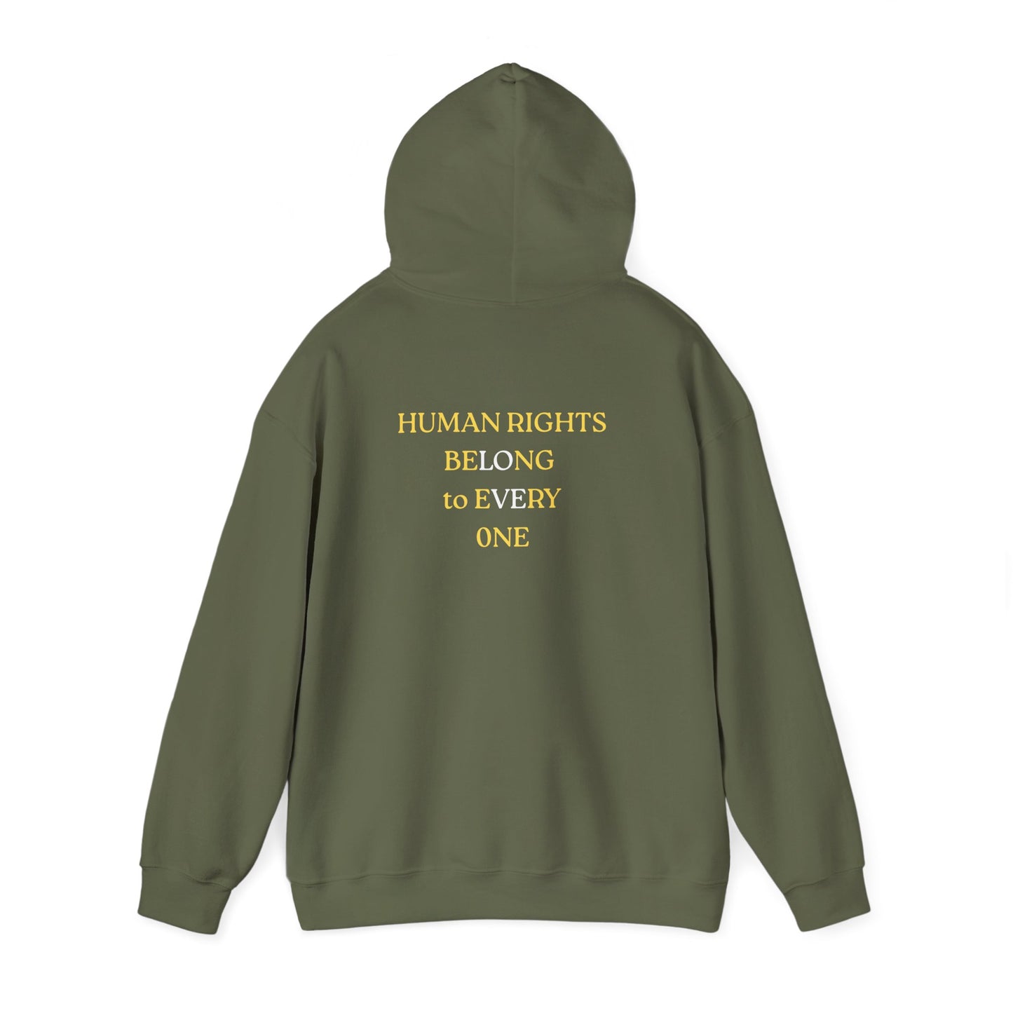 UNISEX HOODIE -  Yellow Heart & 'Human Rights Belong to Everyone' Back & Front Design