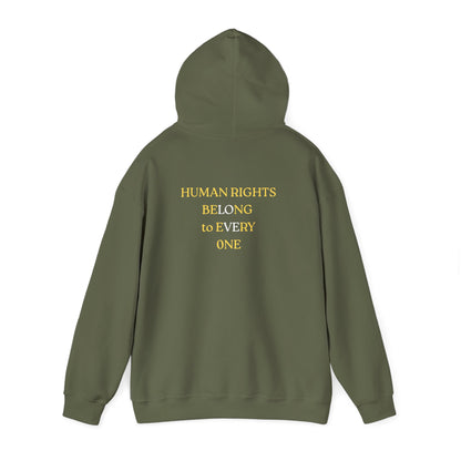 UNISEX HOODIE -  Yellow Heart & 'Human Rights Belong to Everyone' Back & Front Design