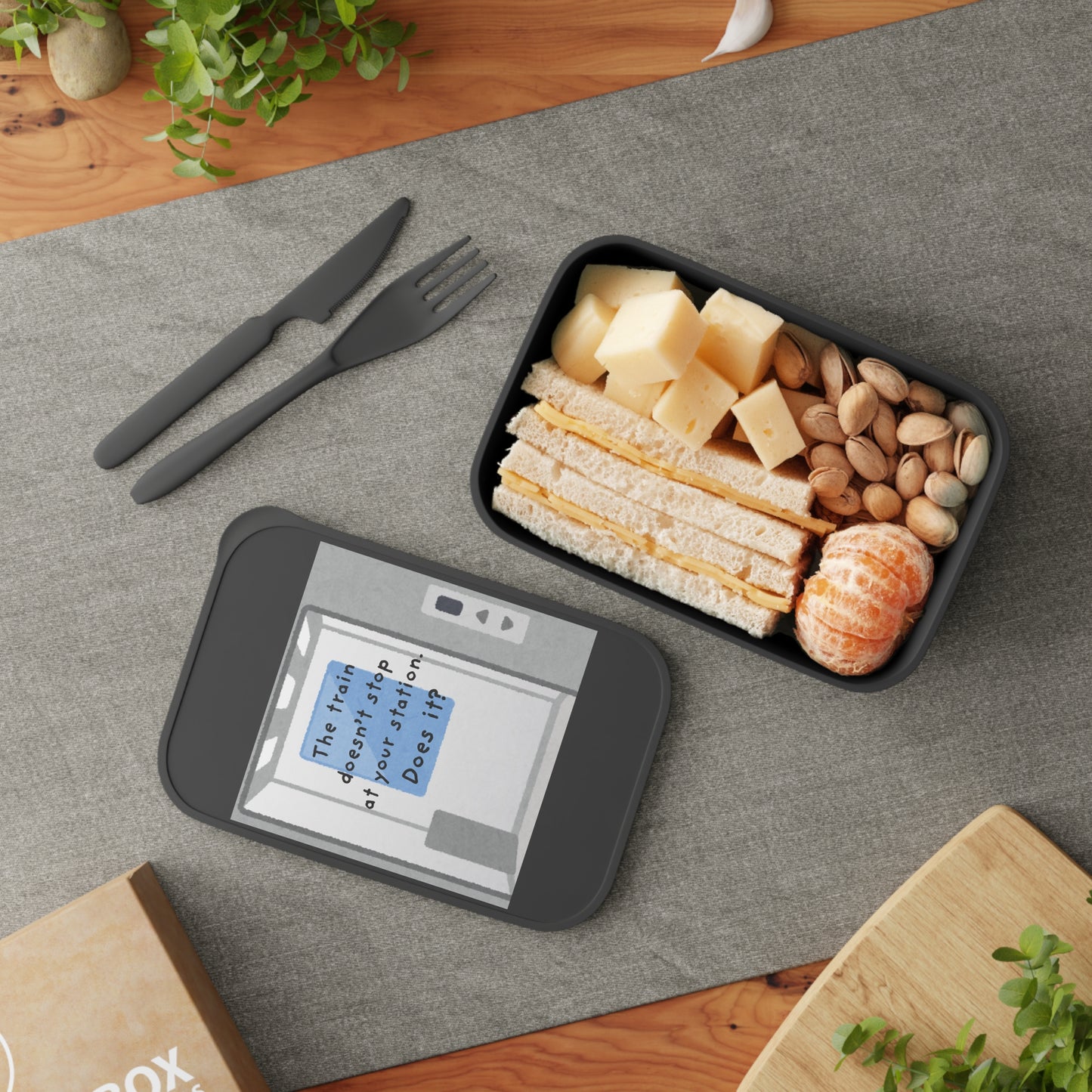 PLA Bento Box with Utensils —  "The train doesn't stop at your station. Does it?"          Reusable Eco Lunchbox