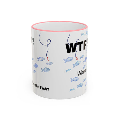 WTFishtank Mug — Funny Fishing Pun Accent Rim & Handle Coffee Cup