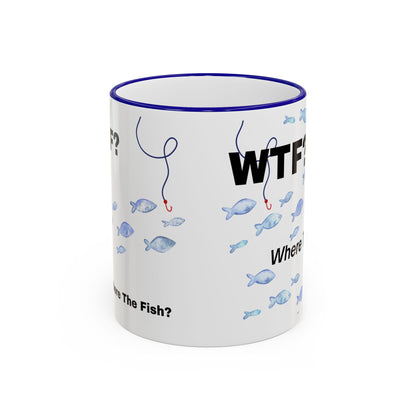 WTFishtank Mug — Funny Fishing Pun Accent Rim & Handle Coffee Cup