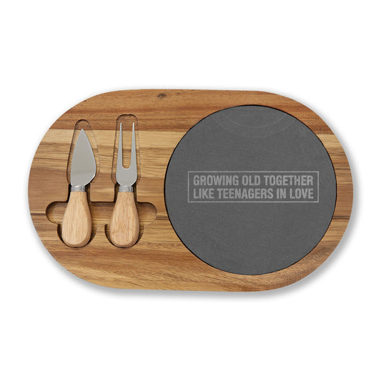 Engraved Oak Charcuterie Board with Slate & Cheese Knives – "Growing Old Together Like Teenagers in Love"