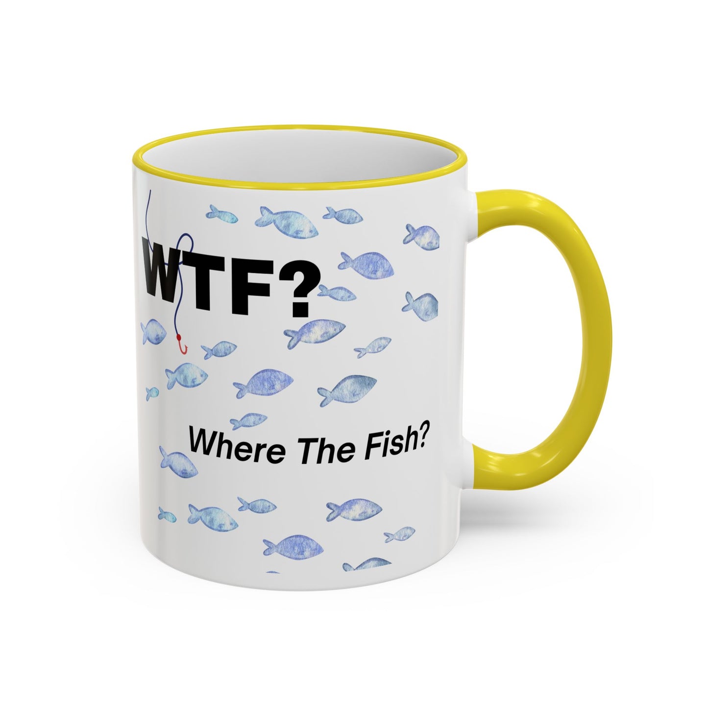 WTFishtank Mug — Funny Fishing Pun Accent Rim & Handle Coffee Cup