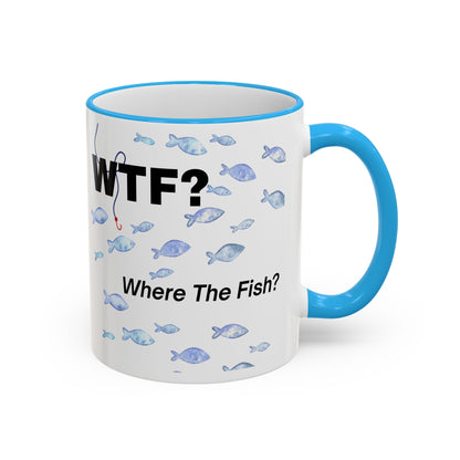 WTFishtank Mug — Funny Fishing Pun Accent Rim & Handle Coffee Cup