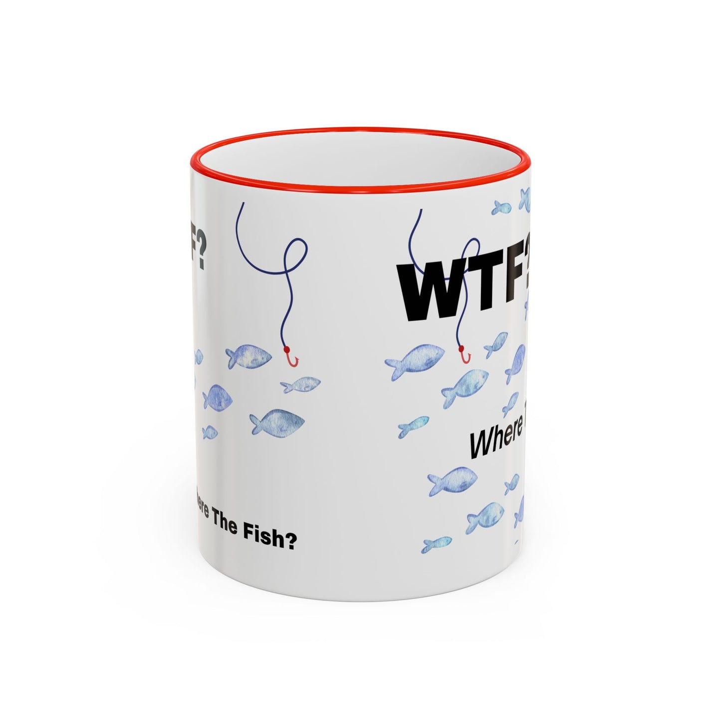 WTFishtank Mug — Funny Fishing Pun Accent Rim & Handle Coffee Cup