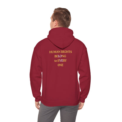UNISEX HOODIE -  Yellow Heart & 'Human Rights Belong to Everyone' Back & Front Design