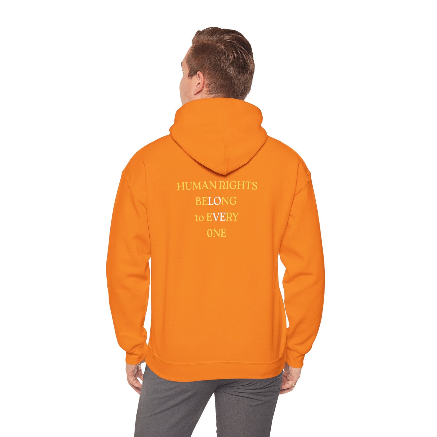 UNISEX HOODIE -  Yellow Heart & 'Human Rights Belong to Everyone' Back & Front Design