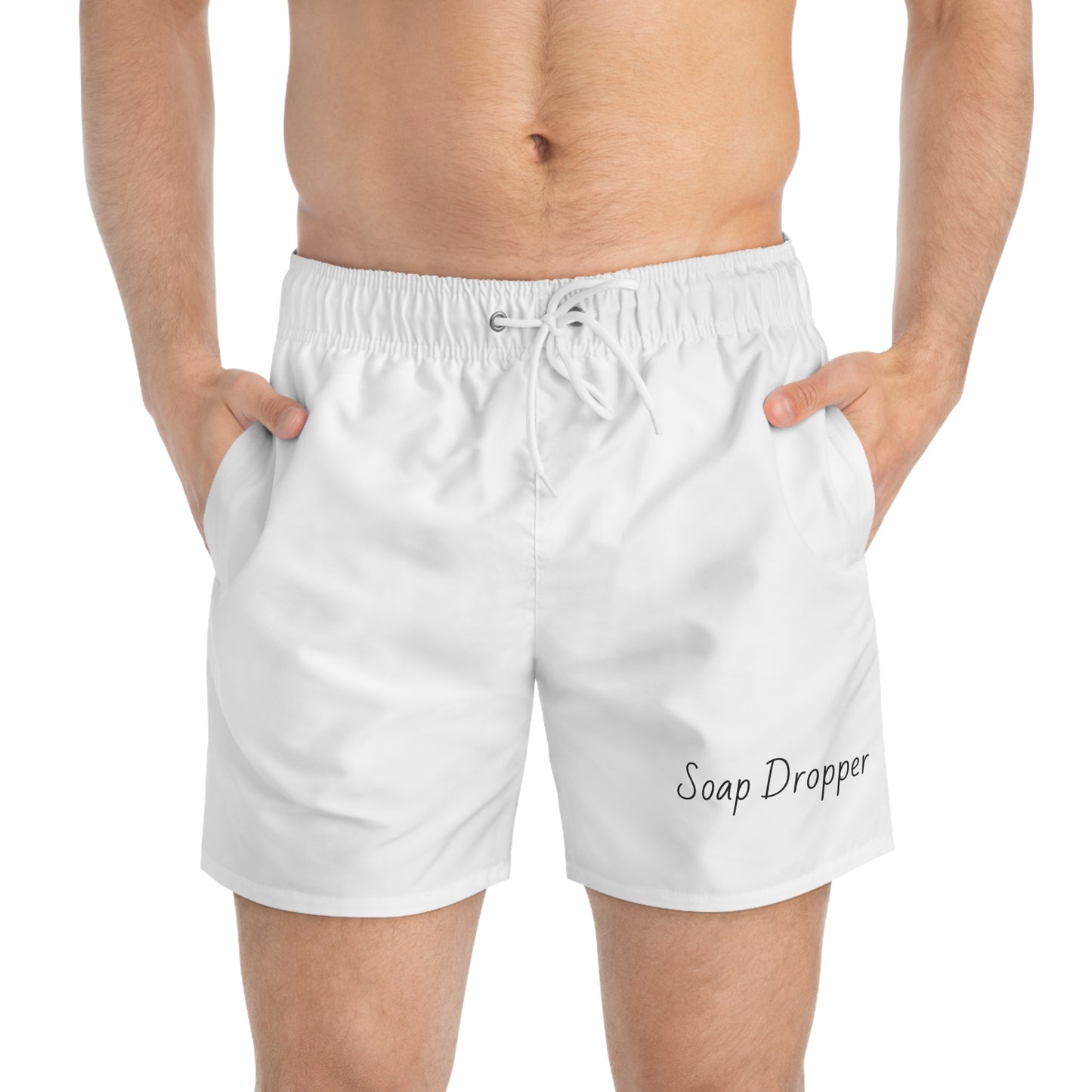 Swim Trunks — White "Soap Dropper" Minimalist Beach Shorts