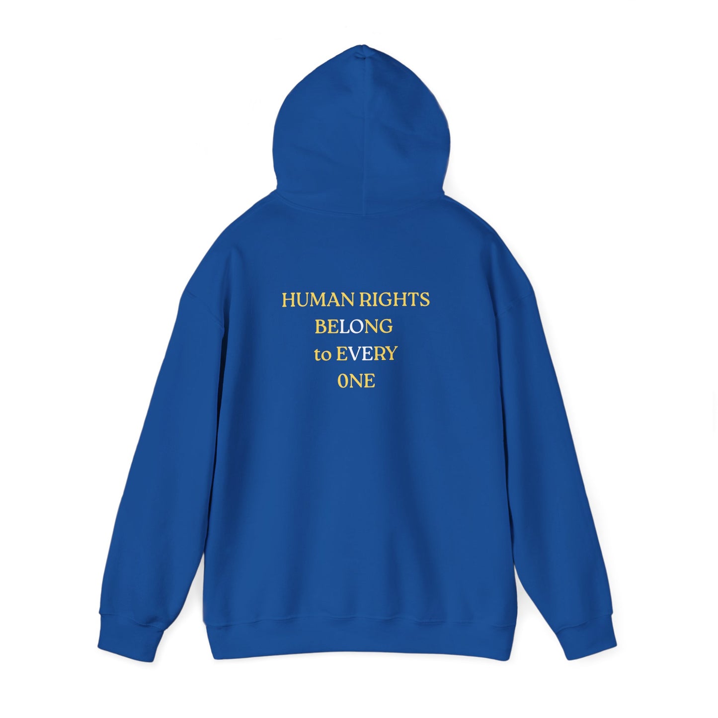 UNISEX HOODIE -  Yellow Heart & 'Human Rights Belong to Everyone' Back & Front Design