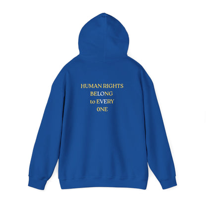 UNISEX HOODIE -  Yellow Heart & 'Human Rights Belong to Everyone' Back & Front Design