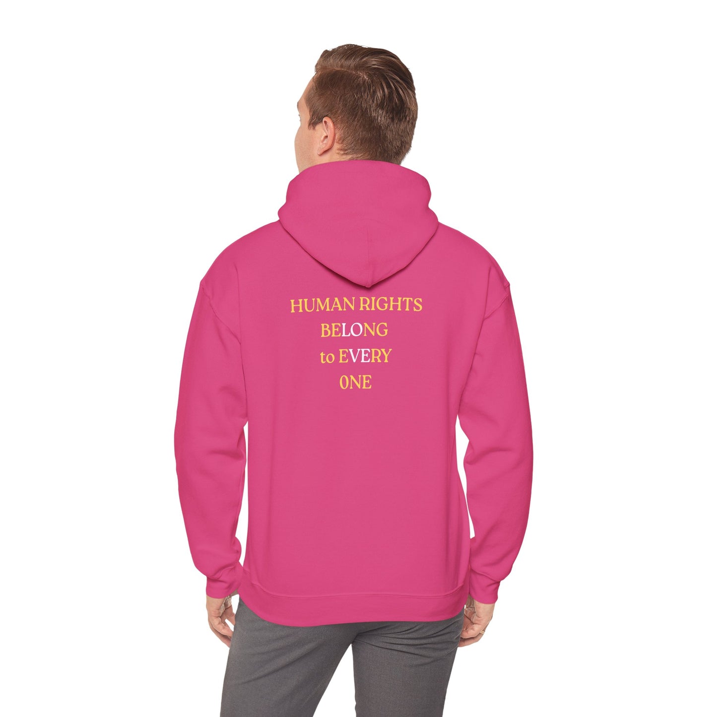 UNISEX HOODIE -  Yellow Heart & 'Human Rights Belong to Everyone' Back & Front Design