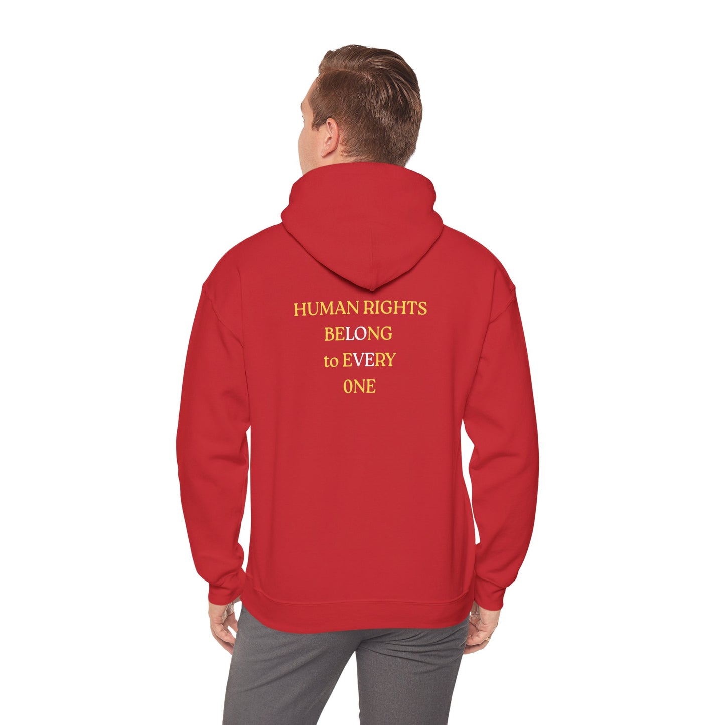 UNISEX HOODIE -  Yellow Heart & 'Human Rights Belong to Everyone' Back & Front Design