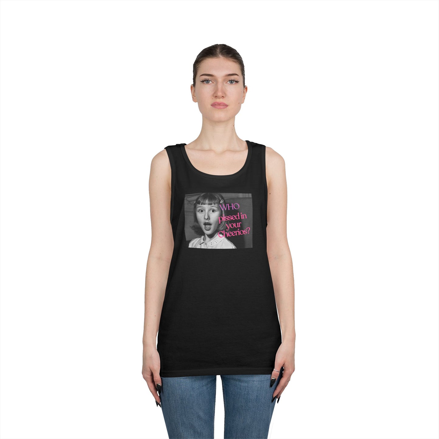 "Who Pissed in your Cheerios?" Retro Photo Graphic Tank