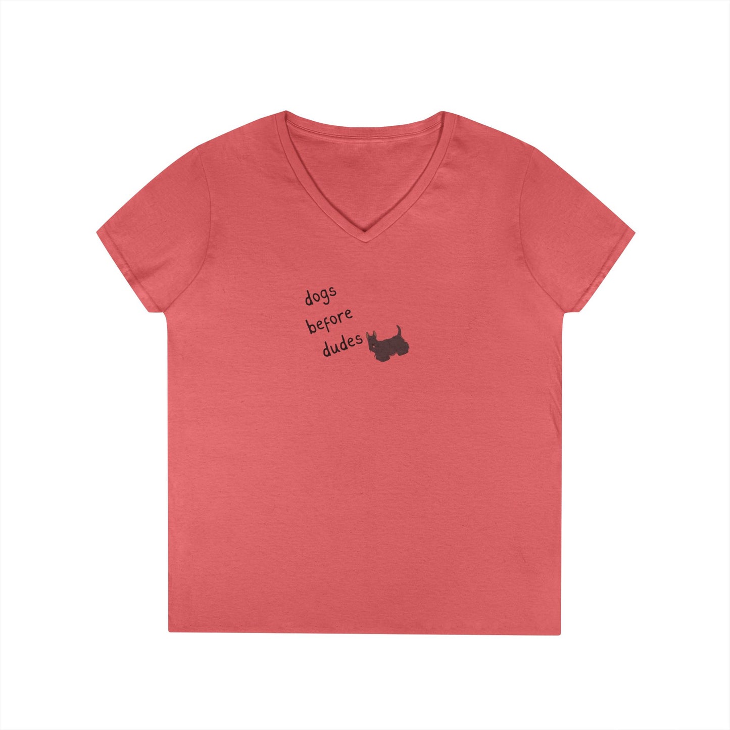 Ladies V-Neck Tee — 'Dogs Before Dudes'