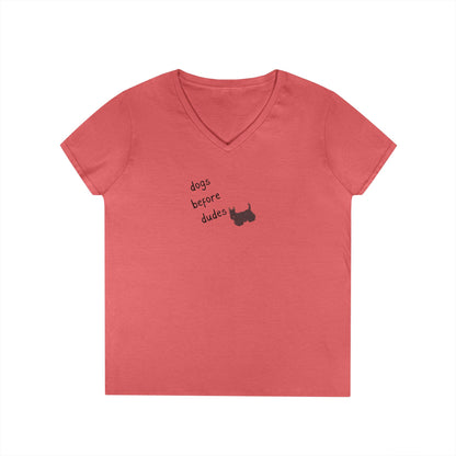 Ladies V-Neck Tee — 'Dogs Before Dudes'