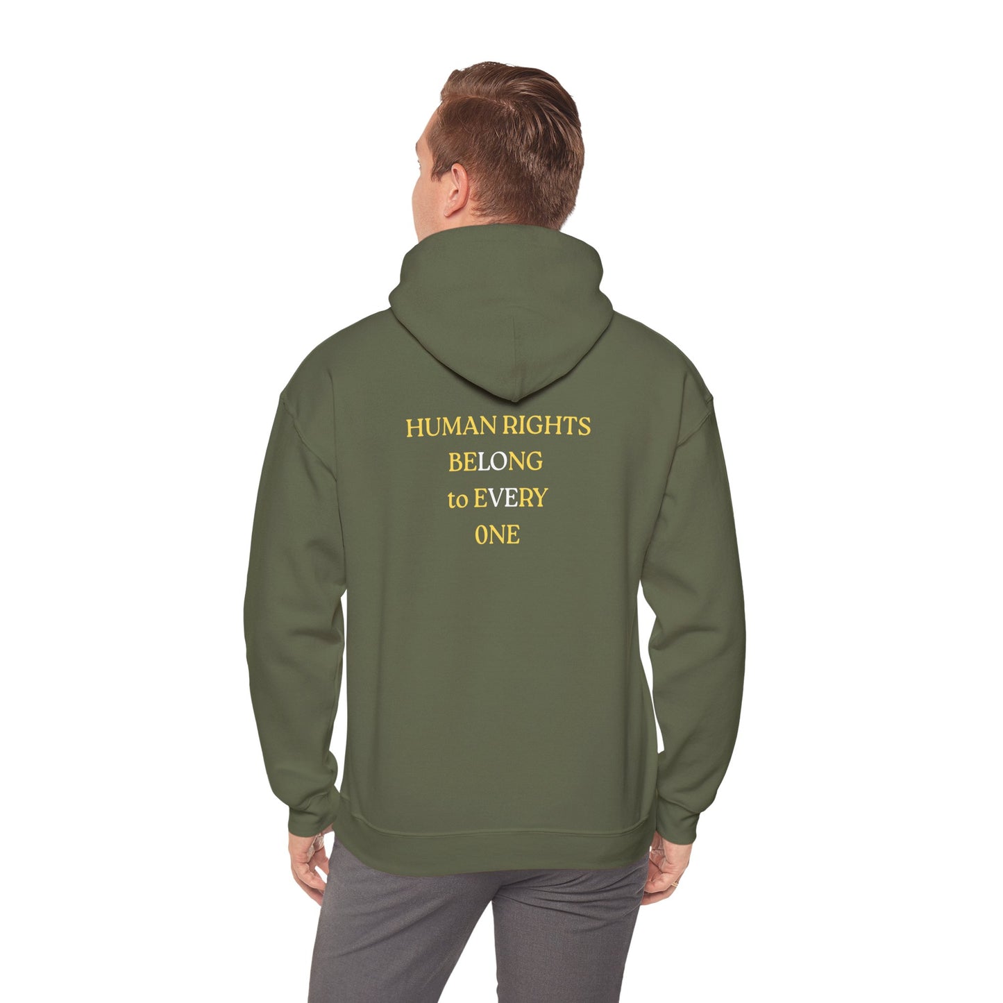 UNISEX HOODIE -  Yellow Heart & 'Human Rights Belong to Everyone' Back & Front Design