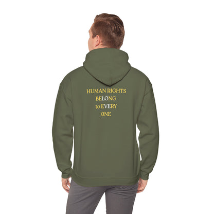 UNISEX HOODIE -  Yellow Heart & 'Human Rights Belong to Everyone' Back & Front Design
