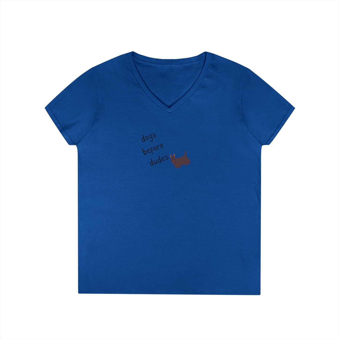 Ladies V-Neck Tee — 'Dogs Before Dudes'