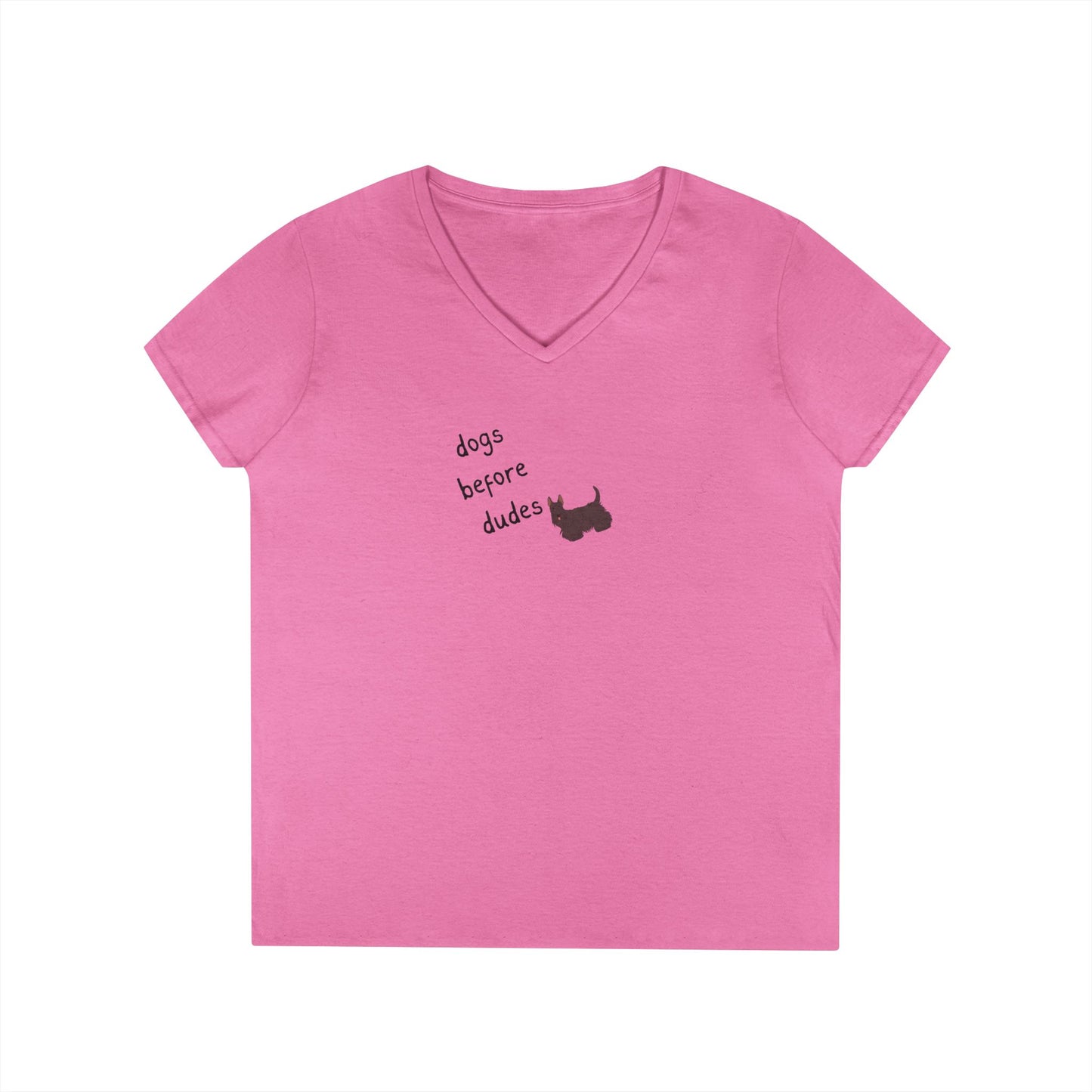 Ladies V-Neck Tee — 'Dogs Before Dudes'