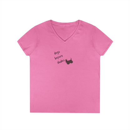 Ladies V-Neck Tee — 'Dogs Before Dudes'