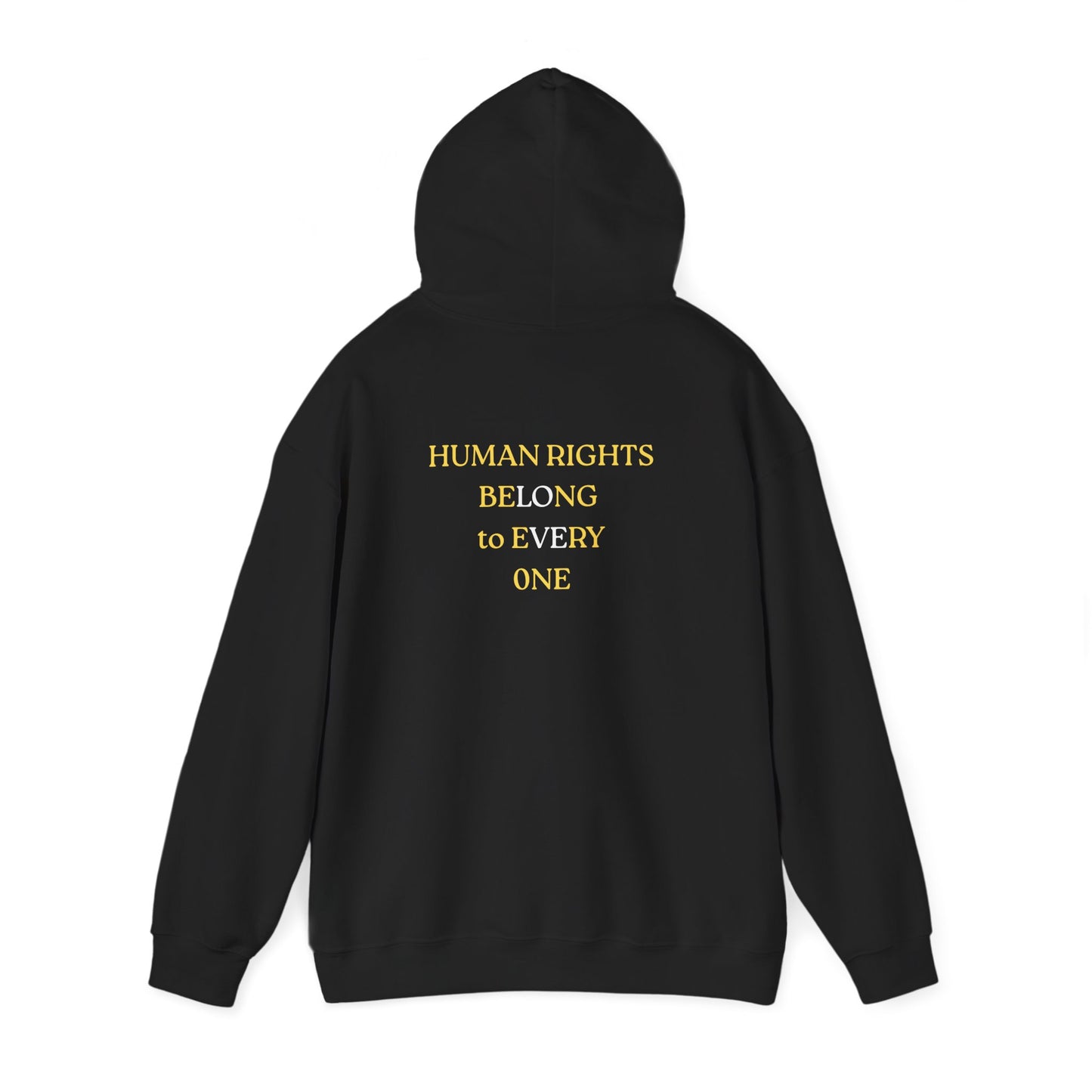 UNISEX HOODIE -  Yellow Heart & 'Human Rights Belong to Everyone' Back & Front Design
