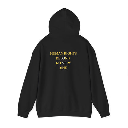 UNISEX HOODIE -  Yellow Heart & 'Human Rights Belong to Everyone' Back & Front Design