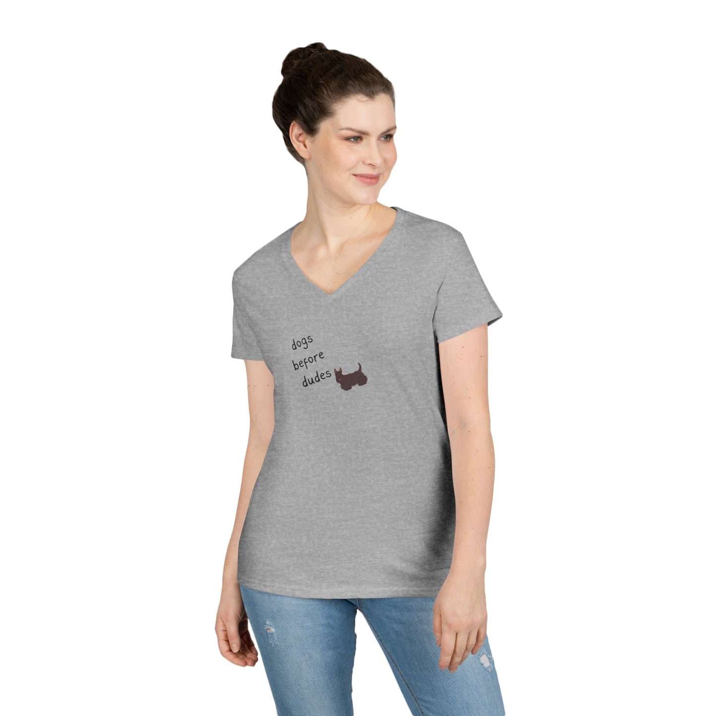 Ladies V-Neck Tee — 'Dogs Before Dudes'