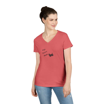 Ladies V-Neck Tee — 'Dogs Before Dudes'