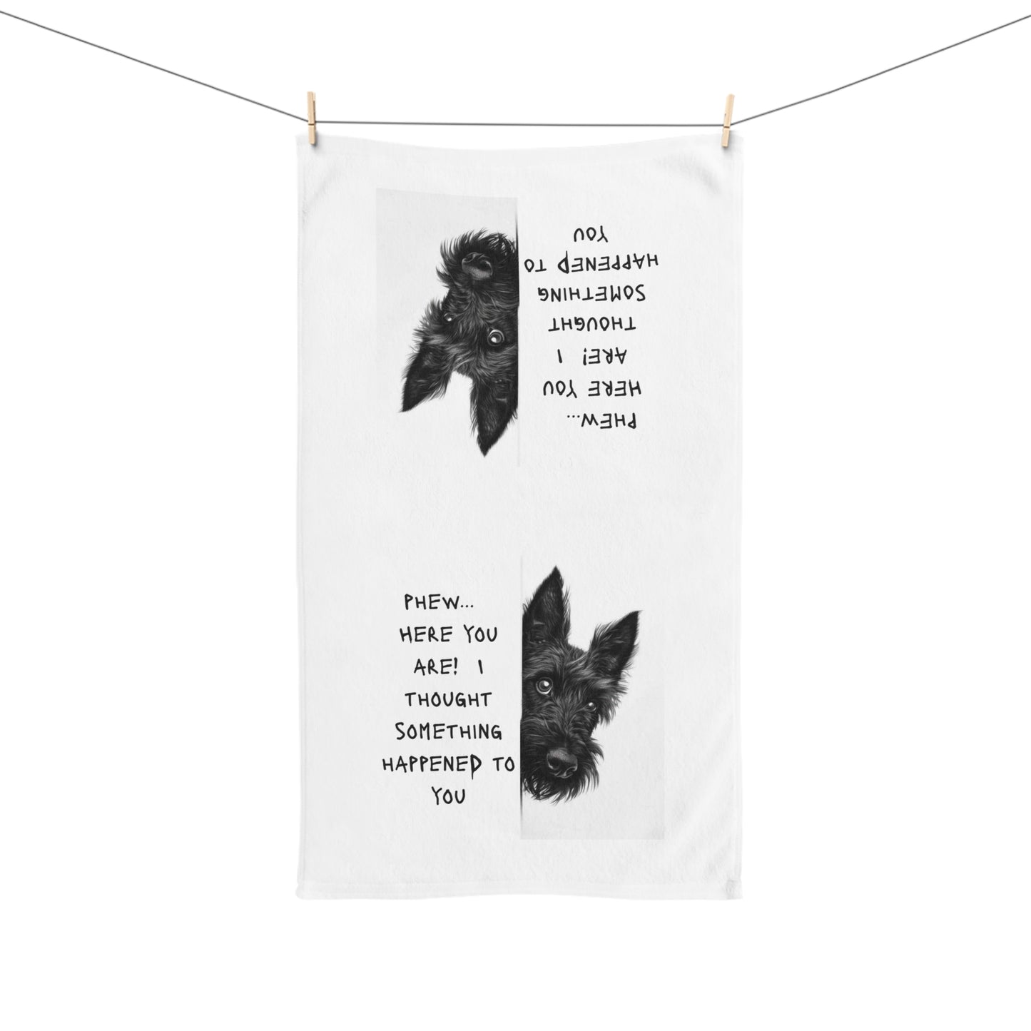 Scottish Terrier Hand Towel — "Phew... Here You Are!"      16 in x 28 in.