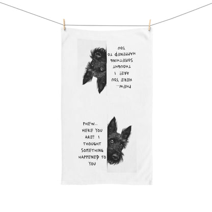 Scottish Terrier Hand Towel — "Phew... Here You Are!"      16 in x 28 in.
