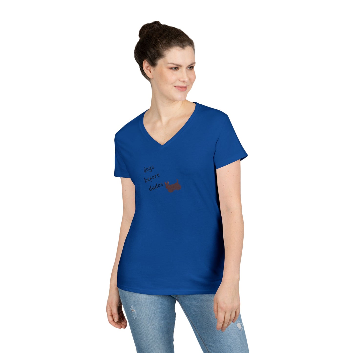 Ladies V-Neck Tee — 'Dogs Before Dudes'